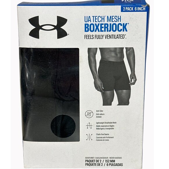 UA Tech Mesh Boxerjock 2-Pack 6" Black Breathable Anti-Odor Lightweight Mens Com - Picture 1 of 3
